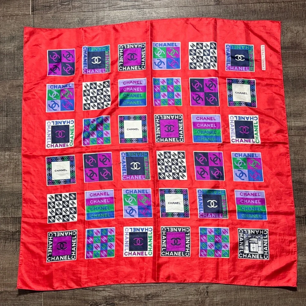CHANEL Vibrant Red silk Scarf with Multicolor Logo Squares - Picture 1 of 9